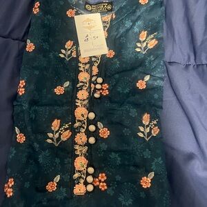 Teal Embroidered Long Sleeve Dress